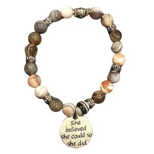 Female Empowerment Quote Charm Beaded Bracelet | Silver / Neutral Stone